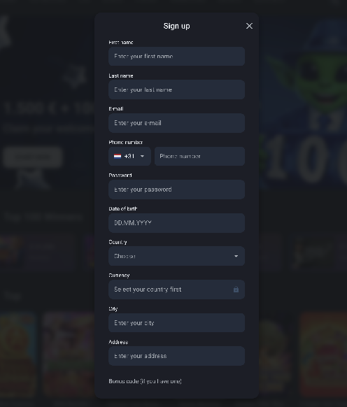 Twin Casino registration form